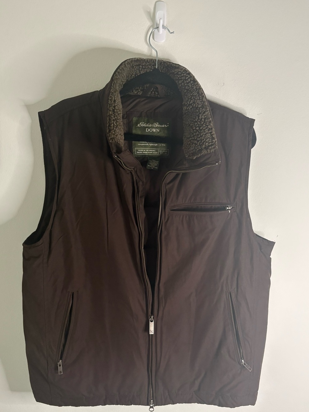 Vintage Eddie Bauer Premium Goose Down Vest Brown Sherpa Collar Medium